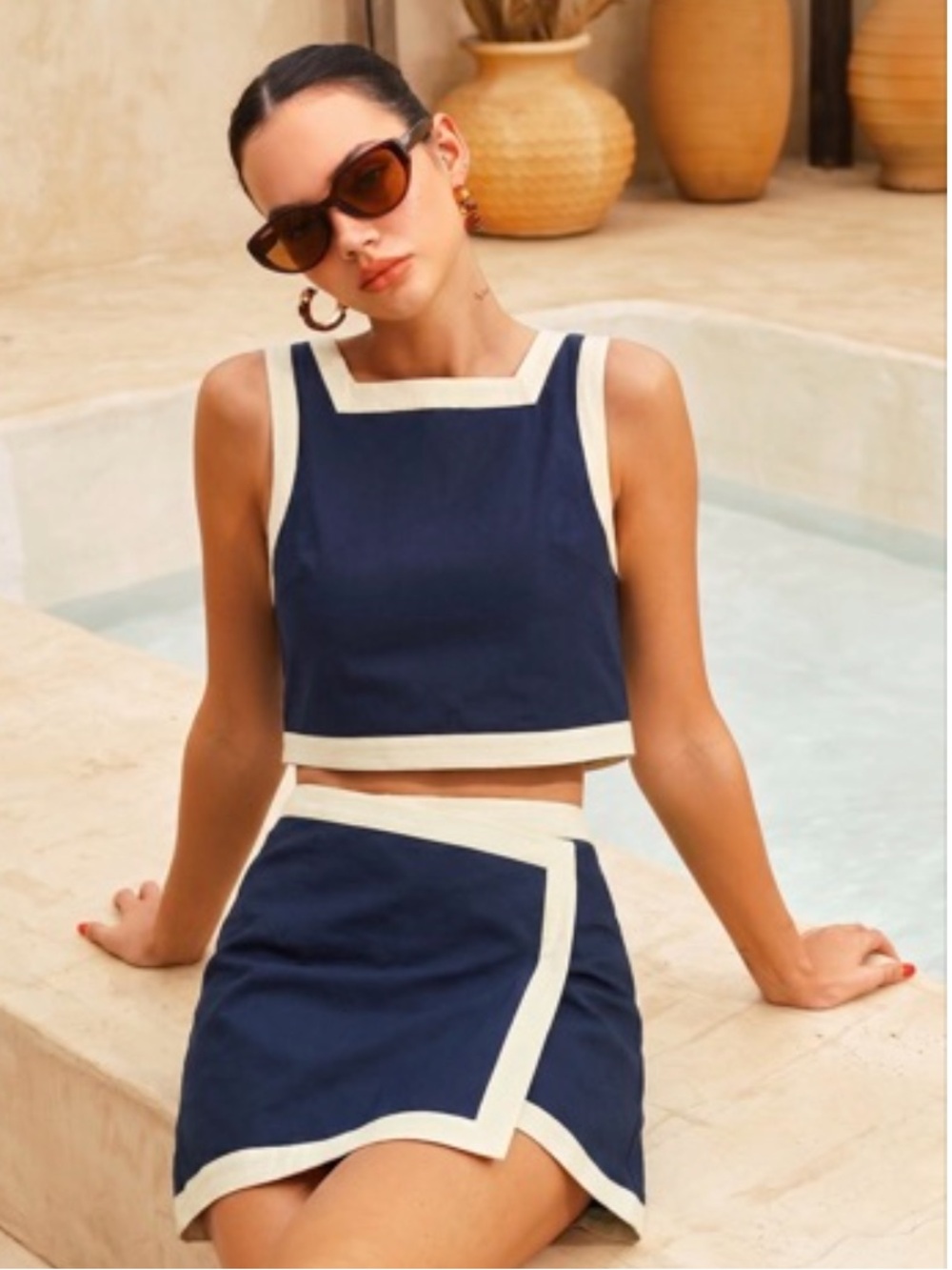Commense Navy and Cream Two-Piece Mini Skirt Set